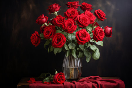 Elegant Blooms: Captivating Red Roses in a Glass Vaseの素材