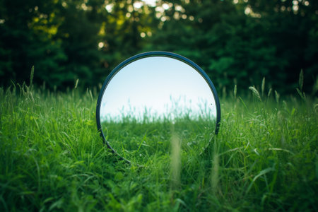 Glimpses Reflected: Round Mirror amidst a Verdant Grass Field [3:2 Aspect Ratio]の素材