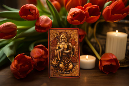 Mystical Encounters: Tarot Card Amidst a Sea of Scarlet Tulipsの素材