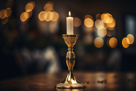 Glimmering Elegance: Captivating Selective Focus Photography of a Gold Candlestick on Tableの素材
