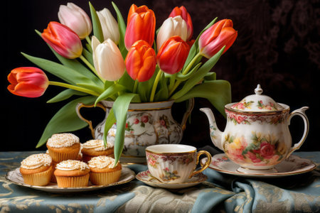 Aesthetic Delights: Tea, Tulips, and Cakes in Perfect Harmonyの素材