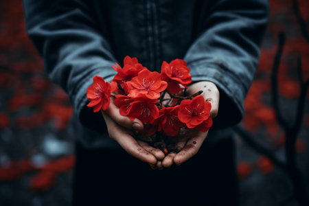 Capturing the Beauty: Selective Focus Photography of a Person Grasping Vibrant Red Petaled Flowers -の素材
