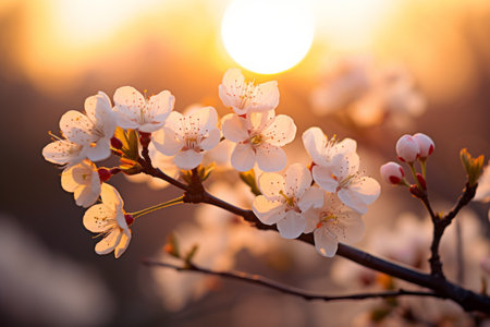 Blossoming Tranquility: Captivating Cherry Blossoms in Selective Focus at Sunsetの素材