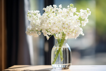 Captivatingly Focused: A Close-up of a White Cluster Flower in a Clear Glass Vaseの素材