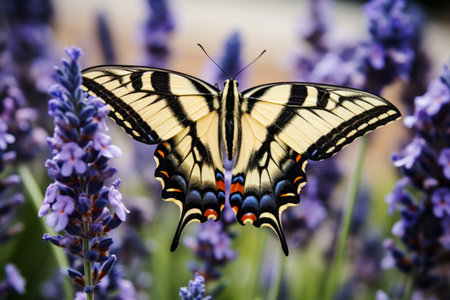 Captivating Close-Up: A Tiger Swallowtail Butterfly Gracefully Resting on a Lavender Flowerの素材