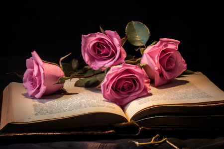 Blooming Beauty: Three Pink Rose Flowers Grace an Opened Book--ar 3:2の素材