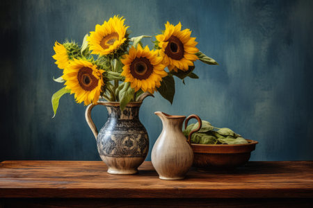 Elegant Trio: Gleaming Sunflowers Brighten Up the Table - AR 3:2の素材