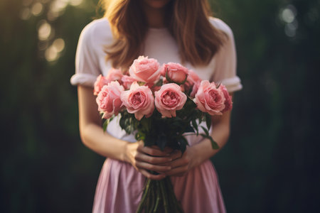 Blooming Beauty: A Captivating Snapshot of a Woman Cradling a Delicate Rose Bouquet in Selective Focの素材