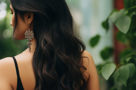 Intriguing Selective Focus: Revealing the Elegant Charms of a Womans Back with Black Pendant Earrinの素材