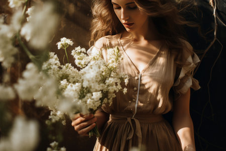 Blooming Elegance: Captivating Woman in Floral Dress Embracing White Blossoms --AR 3:2の素材