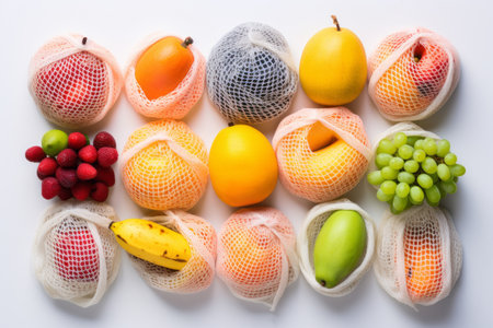 Colorful Symphony: An Artistic Perspective on Fruits, Captured in White Net Bags [AR 3:2]の素材