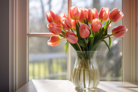 Captivating Natural Beauty: Tulips in Clear Vase by the Windowの素材