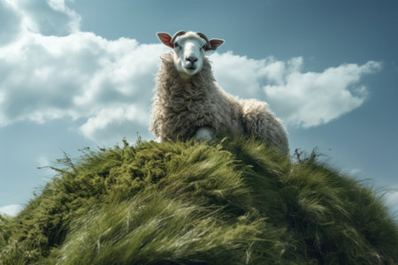 Elevated Pastoral Harmony: Sheep Frolicking Atop Lush Green Grassの素材
