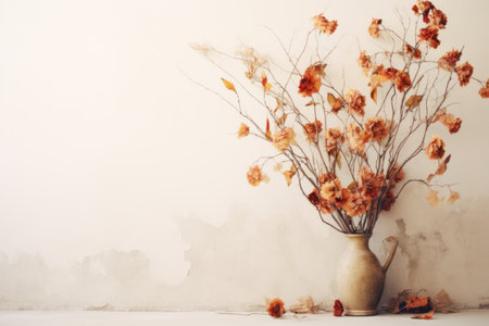 Fading Elegance: A Captivating Shot of Dry Flowers Awash Against a White Wall --ar 3:2の素材