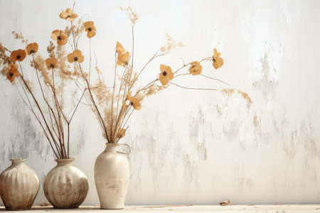 Elegant Contrast: A Captivating Shot of Dry Flowers against a White Wall, AR 3:2の素材