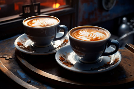 Aesthetic Delight: The Perfectly Balanced Two Cup of Coffee Lattes on Saucers in a Classic Ratio ofの素材