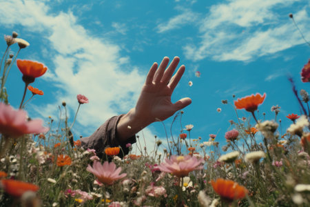 Embracing Natures Serenity: Two Hands Reaching for the Sky on a Flowery Meadow --ar 3:2の素材