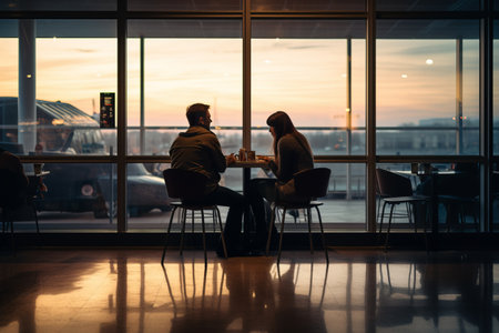 Captivated Souls: Two Dreamers Entranced Inside Cafeteria, Seen Through the Glass Wall --ar 3:2の素材