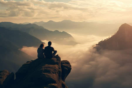 Capturing the Serenity: A Breathtaking 3:2 Photograph of Two Individuals Contemplating on the Mountaの素材