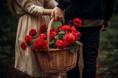 Blooming with Love: Two Individuals Embrace Natures Beauty in a Wicker Basket Filled with Radiant Rの素材