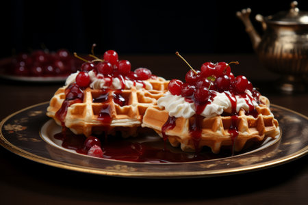 Fluffy Duo: A Captivating Photo of Two Perfectly Golden Waffles on a Plateの素材