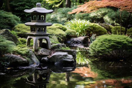Harmony Reflected: A Stone Lantern Serenade in a Japanese Gardenの素材
