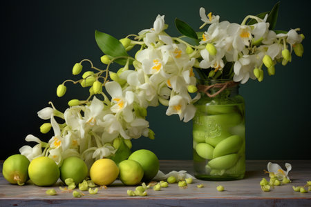 Vibrant Studio Composition: Freesia Flowers and Limes Dancing in Harmonyの素材