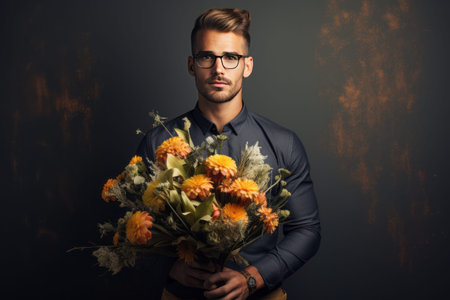 The Elegant Gentleman Embracing Natures Beauty: Stylish Man Posing with a Bouquet of Flowersの素材
