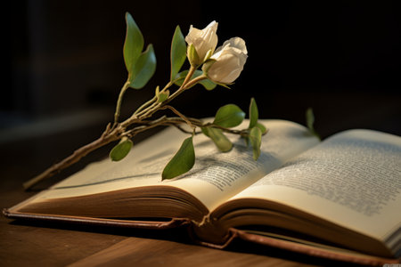 Blossoming Knowledge: Unveiling the Unbloomed White Flower Bud on an Opened Bookの素材