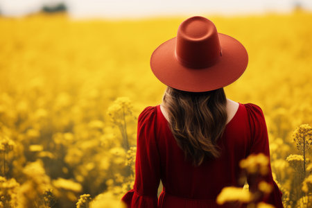Infinite Beauty: A Woman in a Vivacious Red Hat Embraces the Radiant Meadow of Yellow Flowers --ar 3の素材