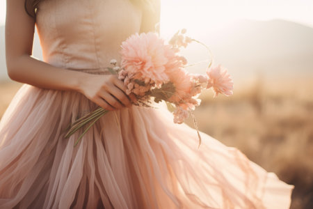 Mysterious Beauty in Ethereal Summer Tulle Dress Grasping a Delicate Flower --ar 3:2の素材