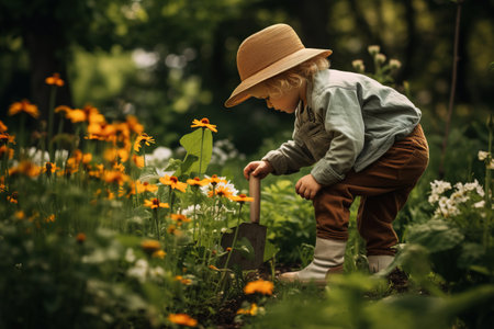 Explore the Serene Beauty: A Playful Toddler in a Blissful Green Gardenの素材