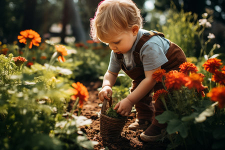 Blooming Wonder: Captivating Moments of an Unrecognizable Toddler in a Lush Green Gardenの素材