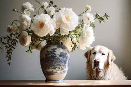 A Serene Scene: White Peonies, a Loyal Dog, and Their Devoted Owner --ar 3:2の素材