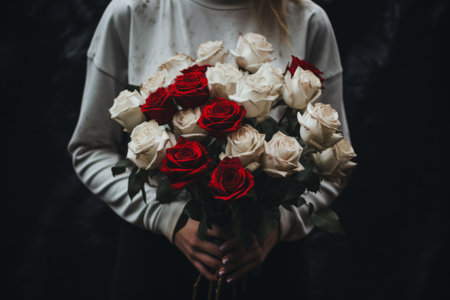 Blooming Love: A Captivating Image of a Person Embracing a Bouquet of Red and White Roses â AR 3:2の素材