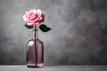 Bottleful Blooms: A Captivating Pink Rose Photograph Against a Gray Wall in AR 3:2の素材