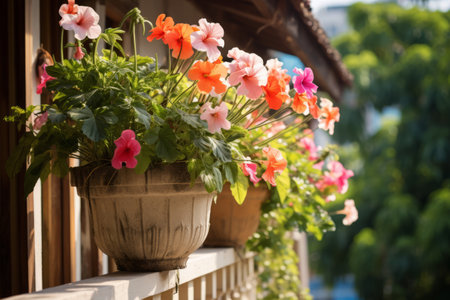 Blooming Beauty: A Colorful Pot of Flowers Adorning the Balcony --ar 3:2の素材