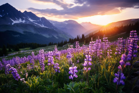Majestic Wildflower Symphony: Purple Blooms on a Mountain Peakの素材