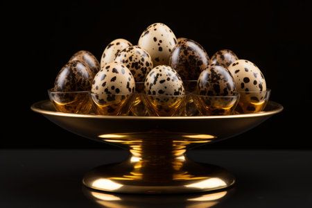 The Luxurious Quail Egg Delight: Presented on a Golden Egg Holder with AR 3:2 Technologyの素材