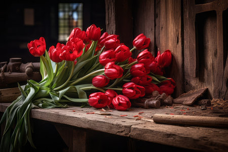 Blossoming Beauty: Vibrant Red Tulips Grace a Wooden Workbenchの素材