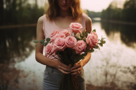 Blossoming Beauty: Captivating Selective Focus Photography of a Woman Embracing a Pink Petal Rose Arの素材