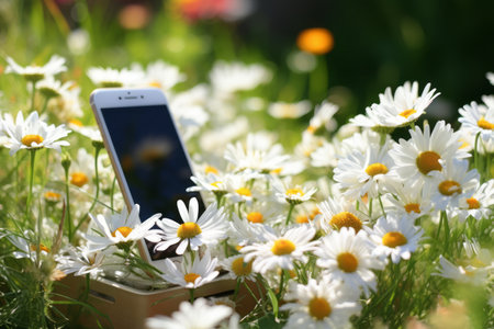 Harmony in Nature: A Smart Phone Embraced by Blooming Daisy Flowers on Meadowの素材