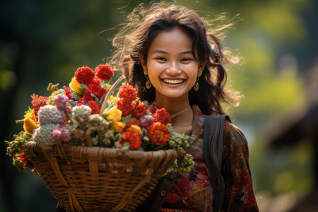 Blooming Joy: The Radiant Woman with a Flower Basket --ar 3:2の素材