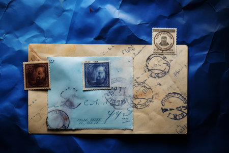 The Captivating Contrast: Stamps Adorned on a Vibrant Blue Envelope (AR 3:2)の素材