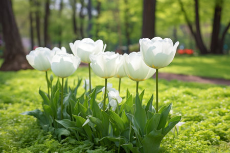 Blooming Brilliance: Three White Tulips Flourishing in the Garden â a Captivating 3:2 Snapshotの素材
