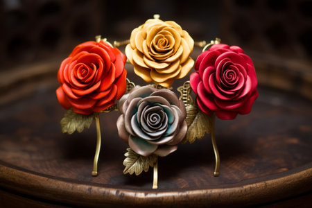 Blooming Elegance: A Trio of Red, Yellow, and Pink Roses Adorned with Brass-colored Clips --ar 3:2の素材