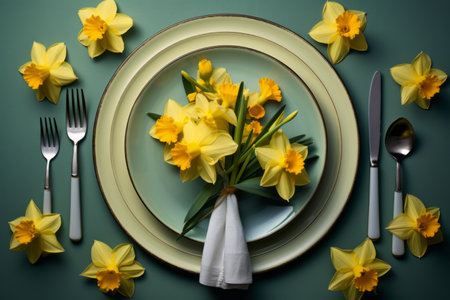 Blooming Elegance: Captivating Table Setting with Daffodil Flowers in a 3:2 Aspect Ratio Photographの素材