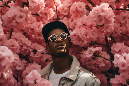 Mystery Persona Posing with Vibrant Pink Blossoms --ar 3:2の素材