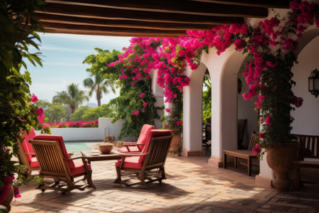 Enchanting Veranda Oasis: A Harmony of Green Cactus and Pink Bougainvilleaの素材