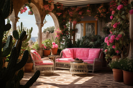 Enchanting Veranda Oasis: A Serene Blend of Green Cactus and Vibrant Pink Bougainvilleaの素材